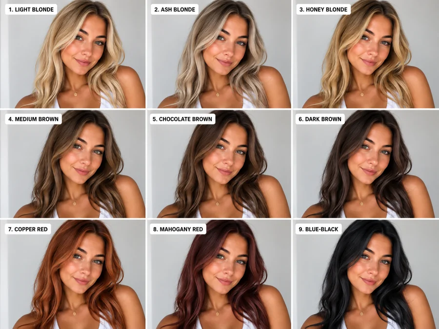 Grid of one woman in nine hair colors from blonde and honey blonde to chocolate brown, copper, and black
