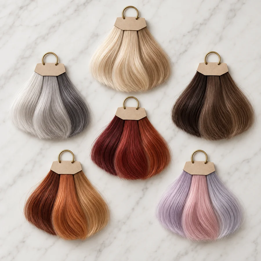 Hair color swatches in blonde, brunette, red, copper, grey, and pastel shade families