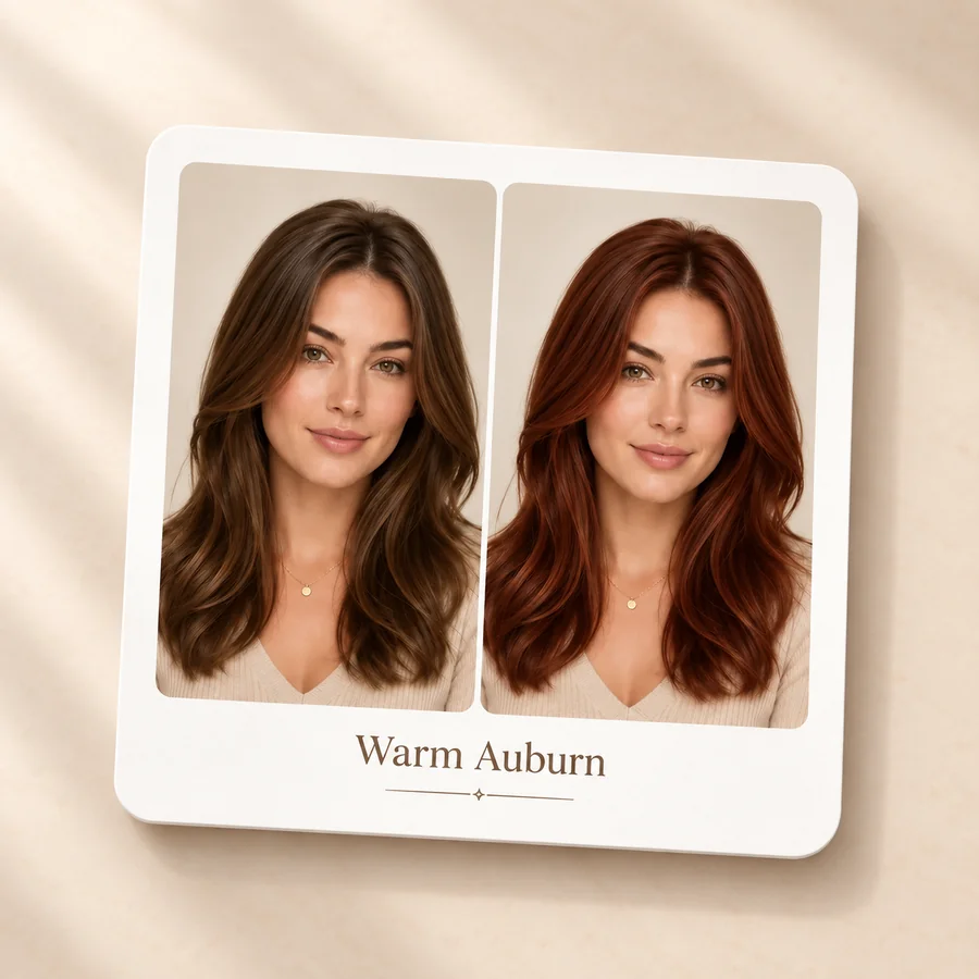 Printed card showing a woman with brown hair next to the same woman with warm auburn hair