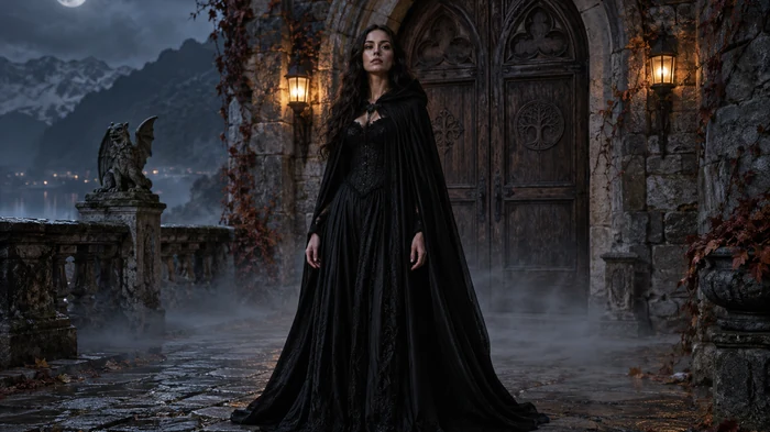 Woman in a black gothic cape standing in front of an old stone church doorway