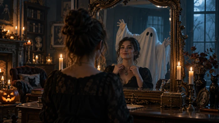 Young man looking into a dark mirror while a sheet ghost stands behind his reflection