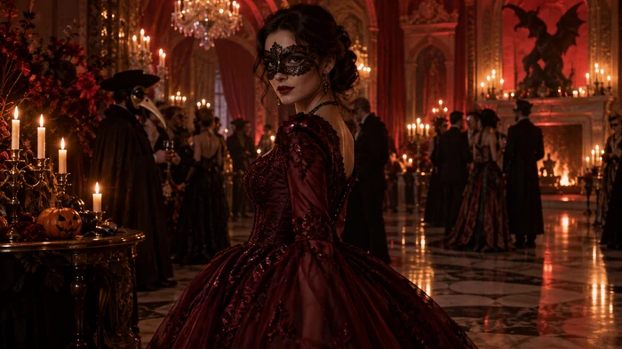 Woman in a lace mask and dark gown in a red candlelit ballroom with masked guests