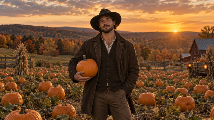 Man in a wide-brim hat and black coat holding a pumpkin in a pumpkin patch