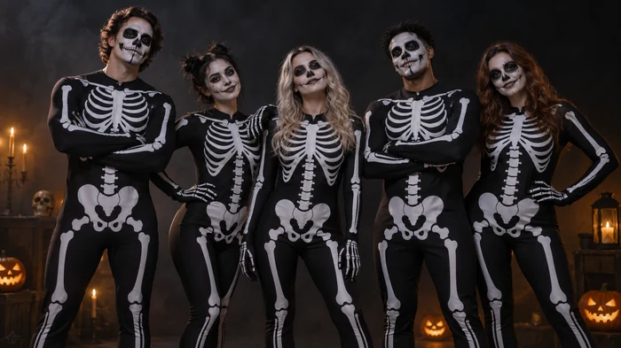 A row of people in matching skeleton bodysuits and masks against a black background