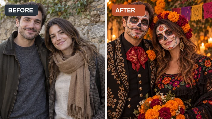 Before and after: a couple’s casual photo and the same couple in a candlelit sugar skull photoshoot