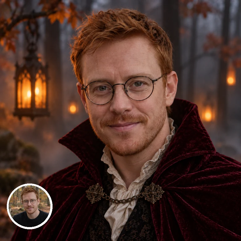 A young man with red hair and glasses shown before and after a gothic Halloween filter in a foggy forest
