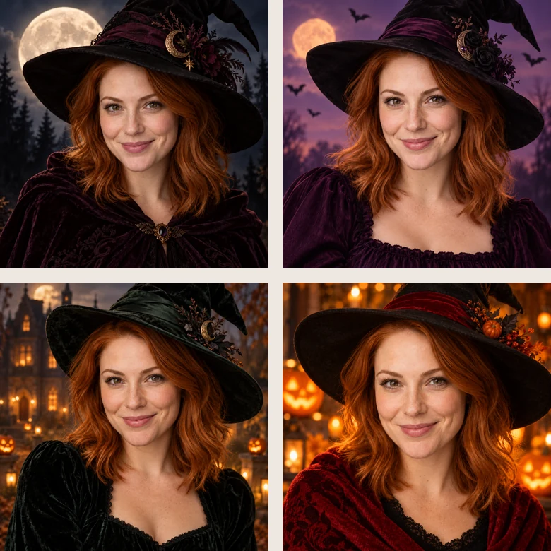 Four Halloween profile photos of the same young woman as a witch against a full moon, bats, and a haunted house