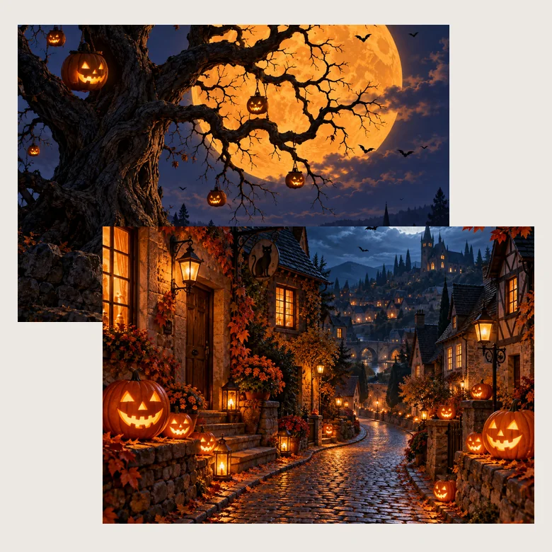 Two Halloween backdrops: a twisted tree in front of an orange full moon and a street of glowing jack-o’-lanterns
