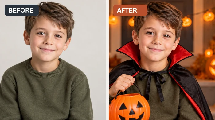 Before and after: a boy’s plain portrait and the same boy as a little vampire holding a pumpkin bucket