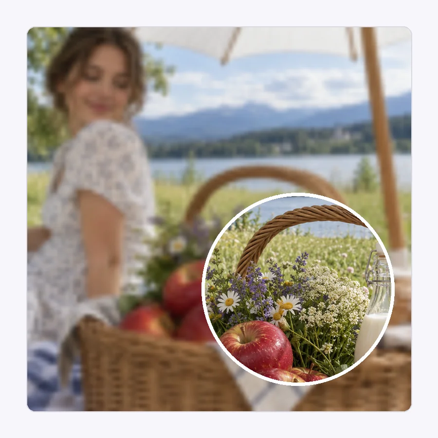 Fruit basket video frame with a magnifier showing sharp HD detail on an apple