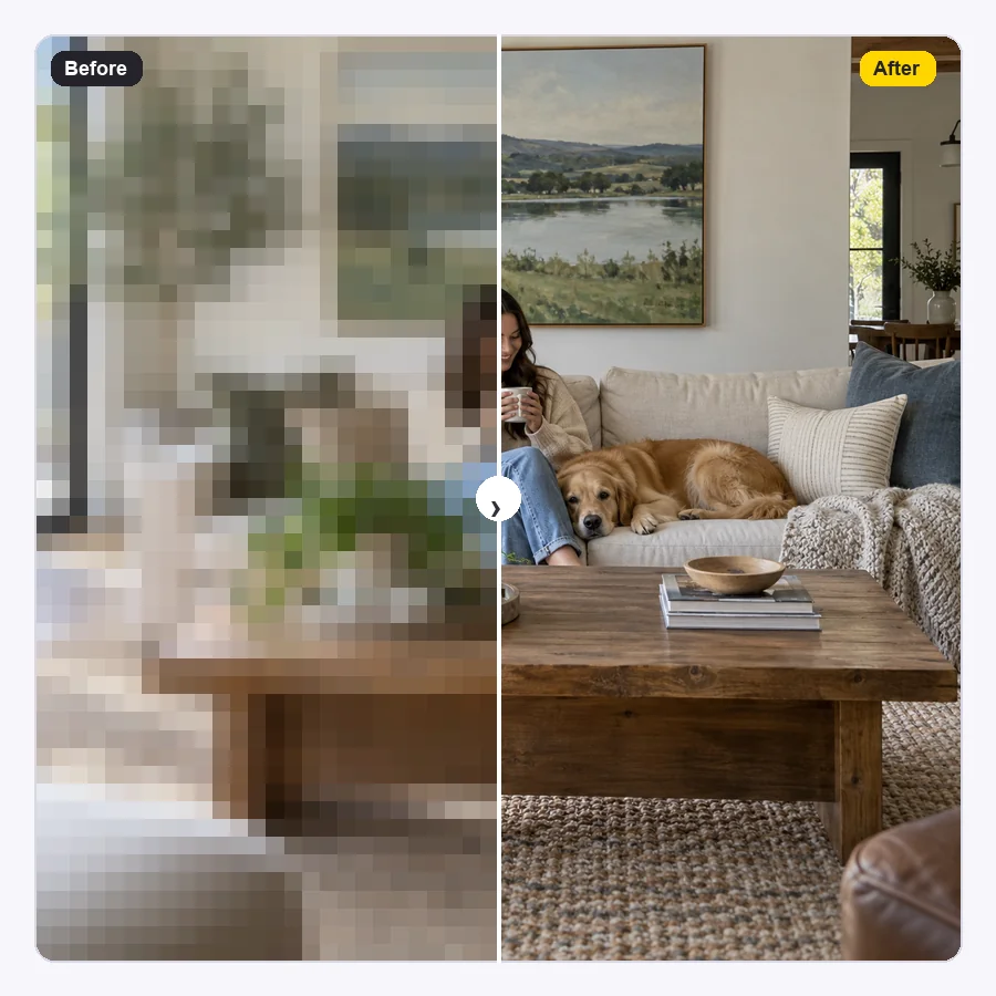 Pixelated interior video frame with one half converted to clean HD