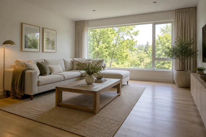 Drag to compare the living room before and after the real estate HDR effect (after)