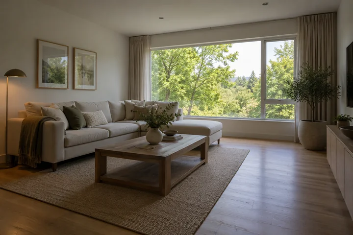 Drag to compare the living room before and after the real estate HDR effect (before)