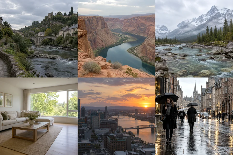 Six HDR looks: natural riverside, dramatic canyon, landscape mountain stream, real estate living room, night skyline, and grunge city street