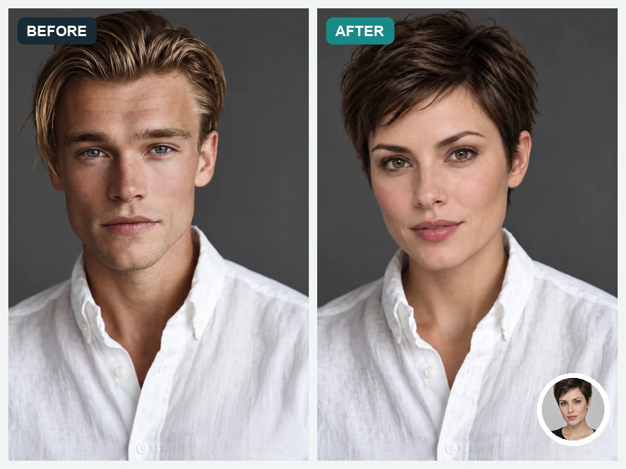 Before and after a head swap that changes the hairstyle and head shape