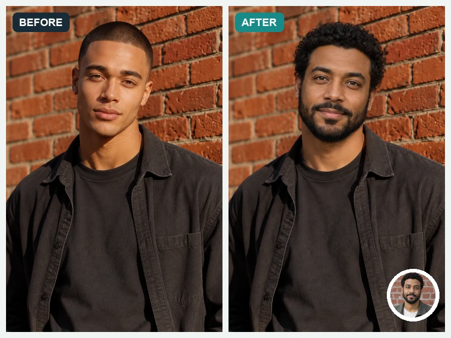 Street photo of a man before and after a head swap against a brick wall