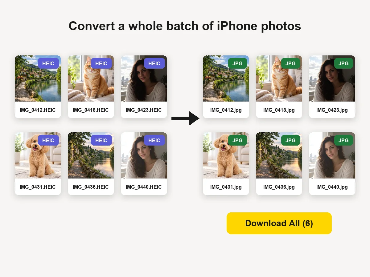 Batch HEIC to JPG conversion with six photos and a Download All button