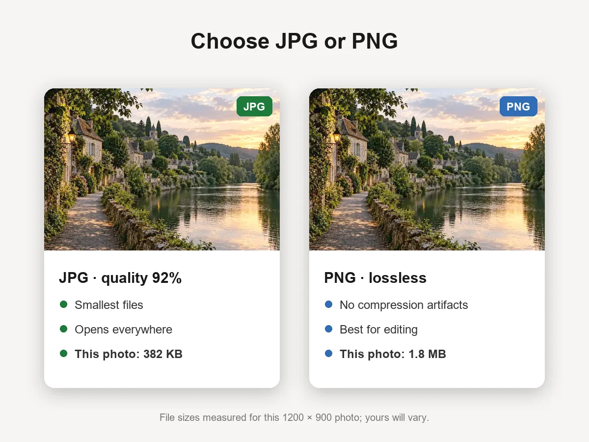 Comparison of JPG at 92% quality and lossless PNG with measured file sizes for the same photo