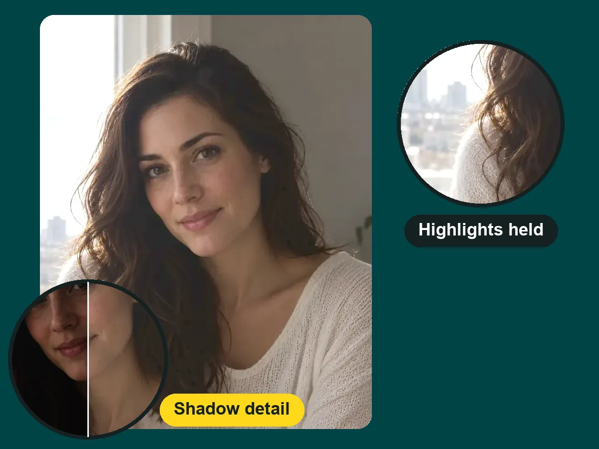 Photo brightener recovering shadow detail while keeping window highlights