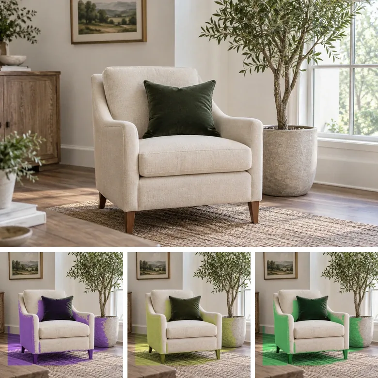 A cream armchair with a green cushion, recolored into purple, yellow and green versions