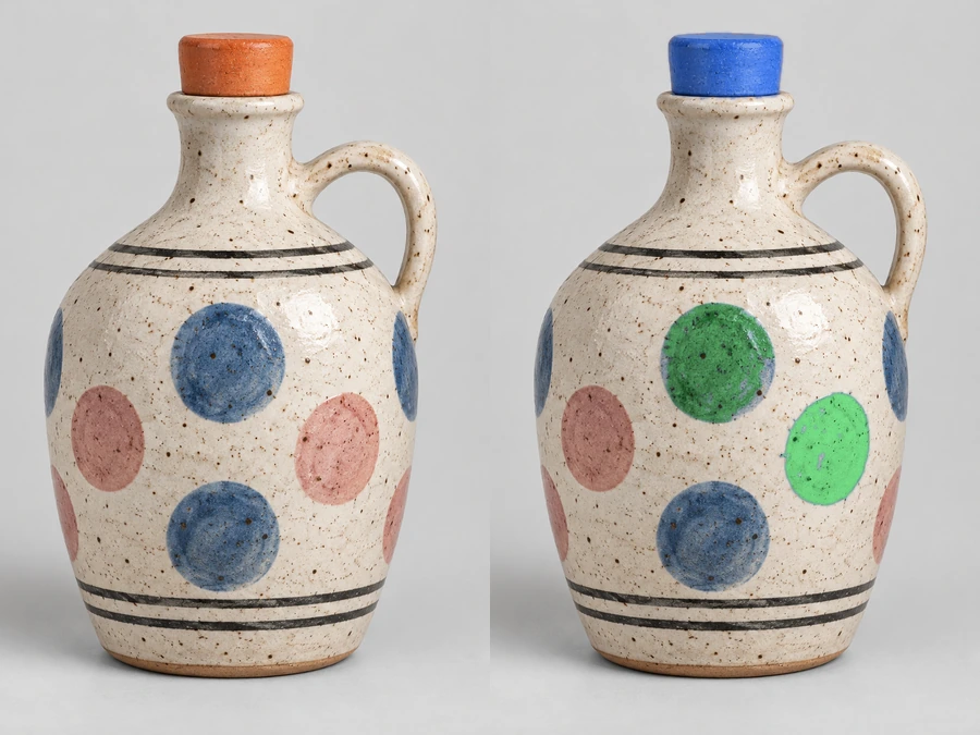 Speckled ceramic jug with an orange stopper and blue spots, and the same jug recolored with a blue stopper and green and purple spots
