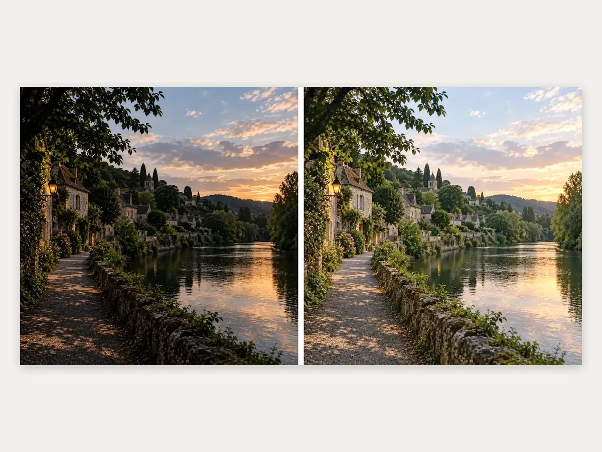Before and after photos of a riverside village merged side by side
