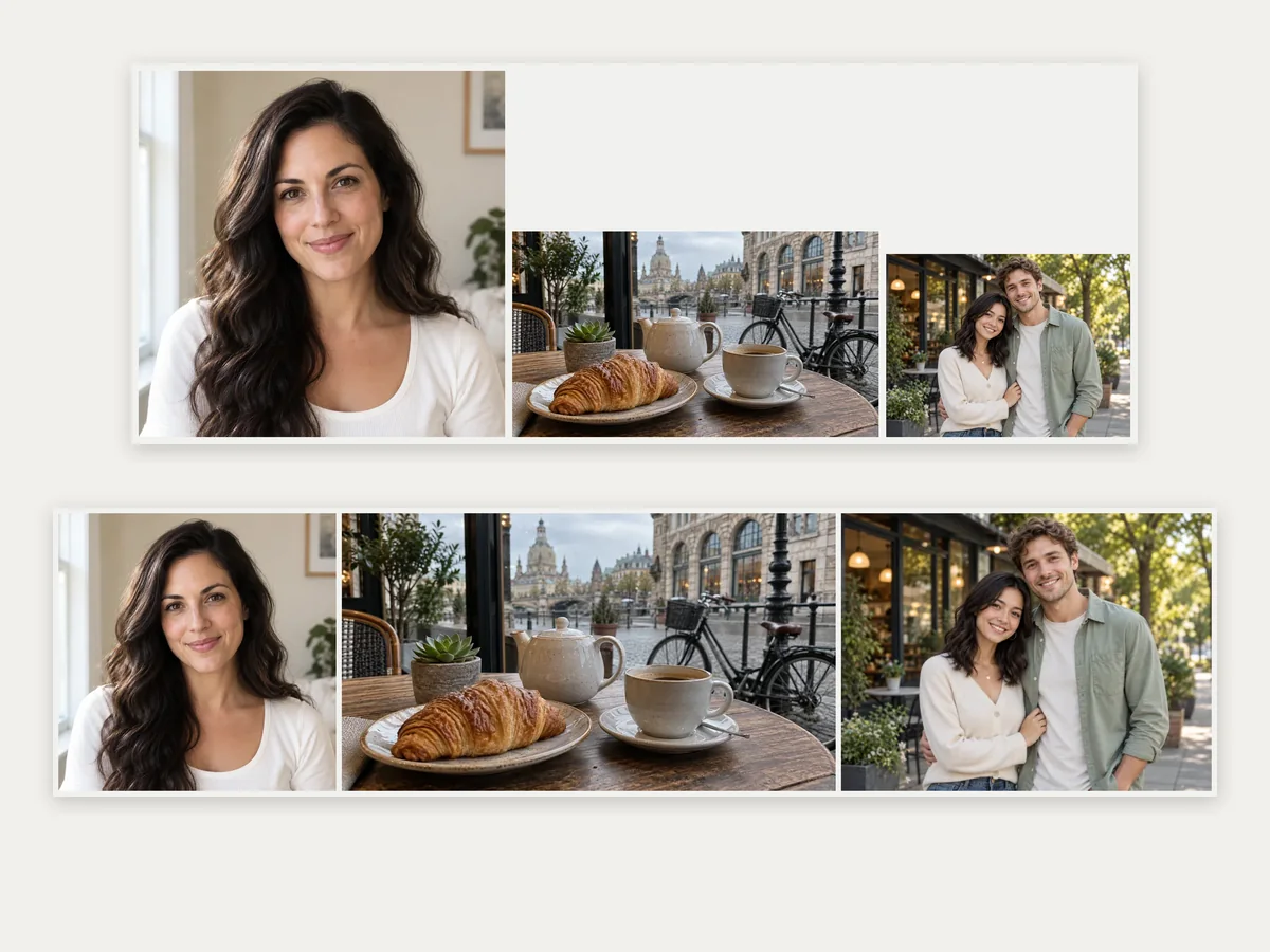Three photos of different sizes merged at original size and at equal height