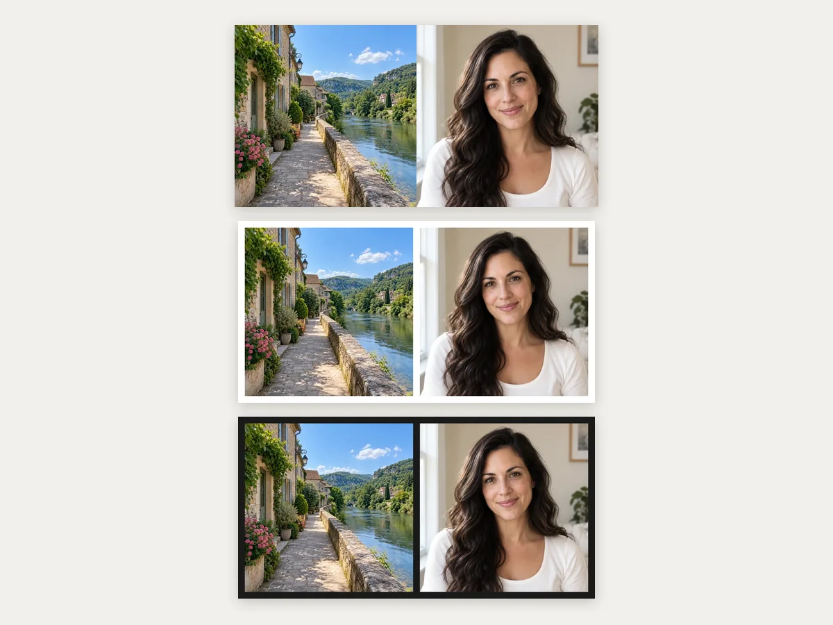 The same two photos merged with no gap, a white border, and a black border