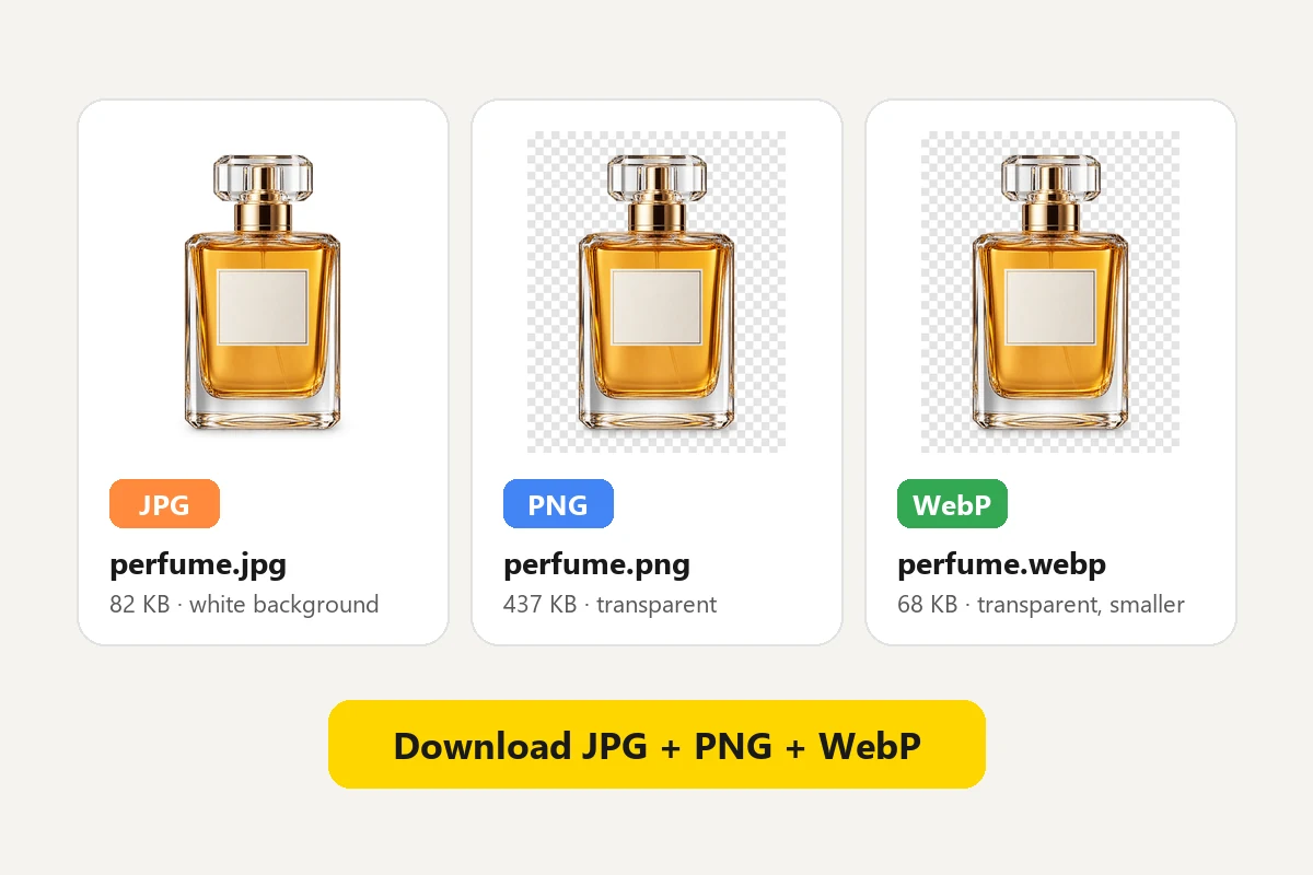Three converted files, perfume.jpg, perfume.png, and perfume.webp, with their sizes and a download-all button