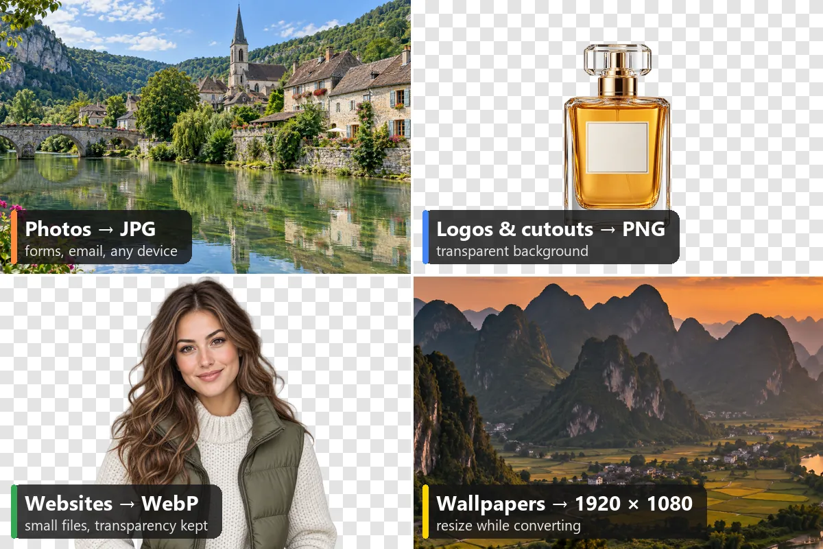 Which format for what: photos to JPG, cut-outs to PNG, websites to WebP, wallpapers resized to 1920 by 1080