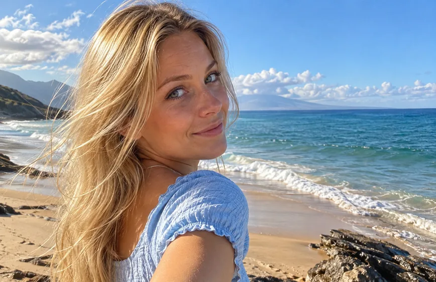 Drag to compare the hazy beach selfie and the enhanced selfie (after)