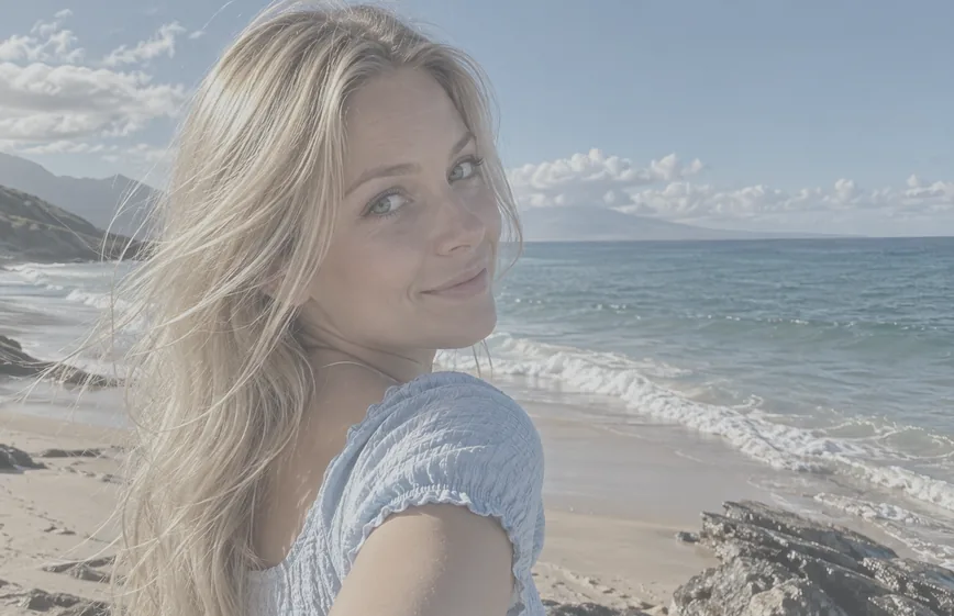 Drag to compare the hazy beach selfie and the enhanced selfie (before)