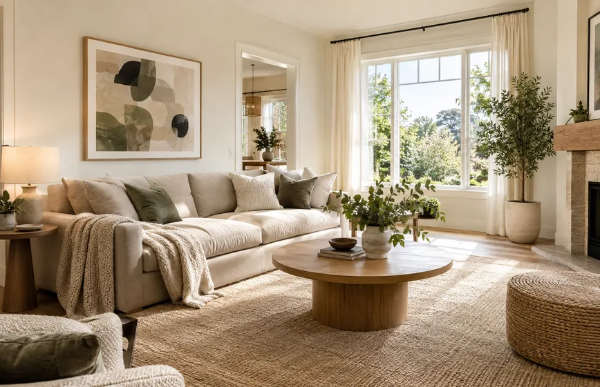 Drag to compare the soft living room listing photo and the enhanced real estate photo (after)