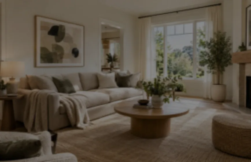 Drag to compare the soft living room listing photo and the enhanced real estate photo (before)