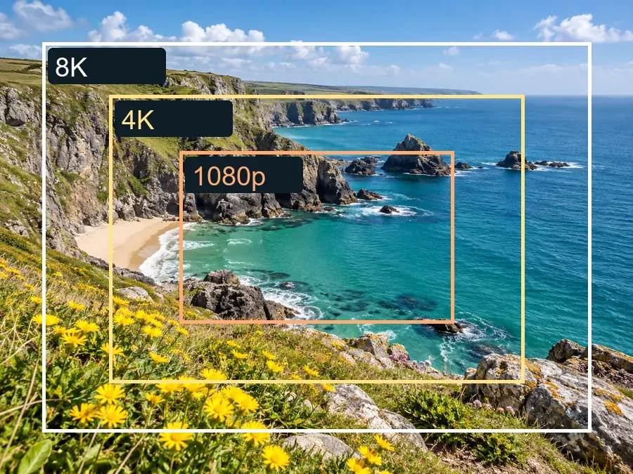 Coastal landscape shown at 1080p, 4K and 8K sizes to illustrate AI image enhancer upscaling