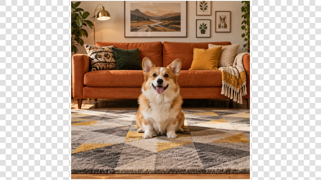 Drag to compare the square corgi photo on an empty 16:9 canvas and the expanded 16:9 living room (before)