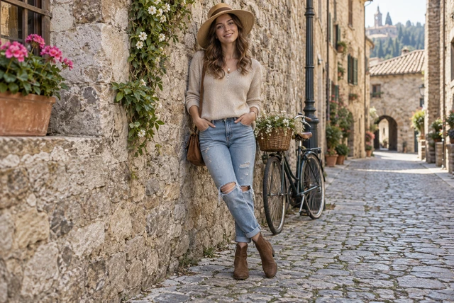 Drag to compare the knee-up street photo and the zoomed-out full body photo with boots and cobblestones (after)