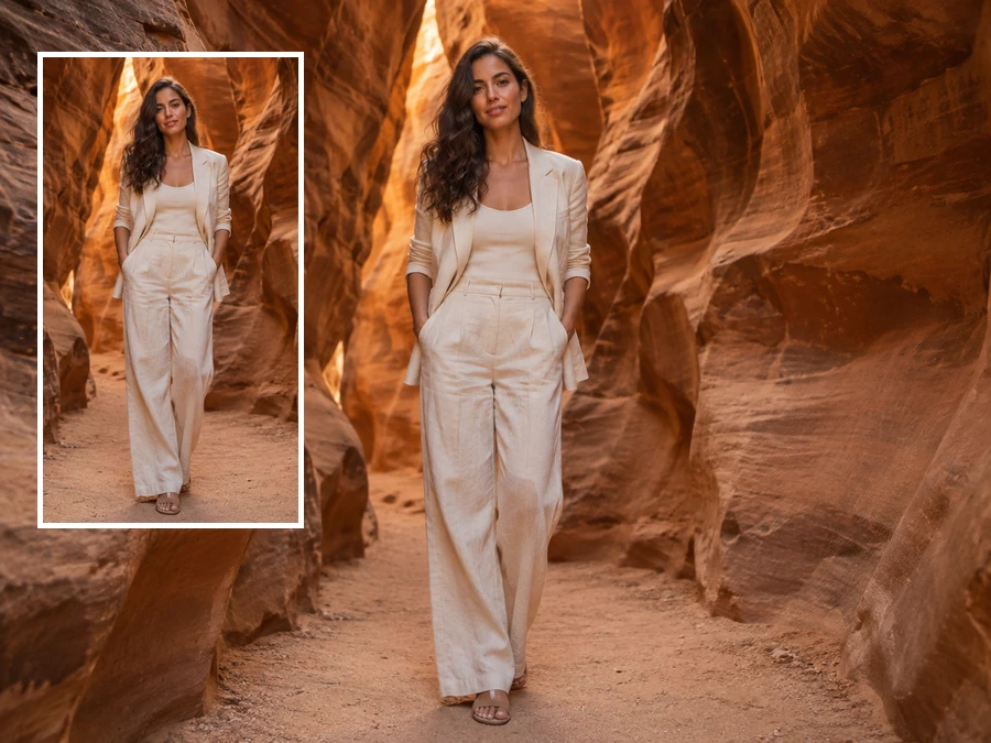 A narrow portrait of a woman in a cream suit expanded into a wide landscape of sandstone canyon walls