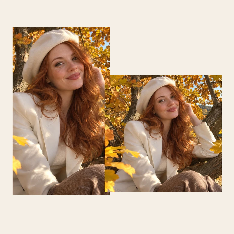 A 3:4 portrait of a red-haired woman expanded into a square social post that shows her sitting in an autumn tree