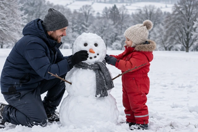 Drag to compare the tight shot of a father and child building a snowman and the zoomed-out snowy field (before)