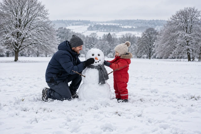 Drag to compare the tight shot of a father and child building a snowman and the zoomed-out snowy field (after)