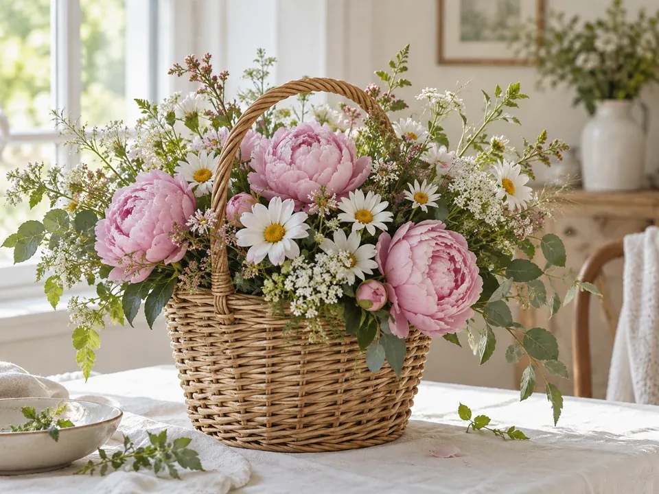 Drag to compare the soft flower basket photo and the upscaled image (after)