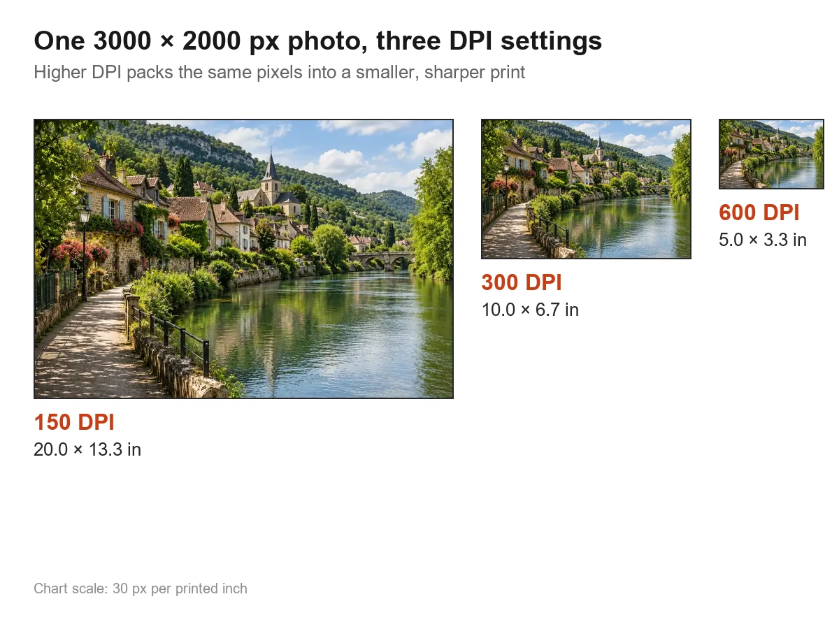 One photo shown at its print size for 150, 300, and 600 DPI