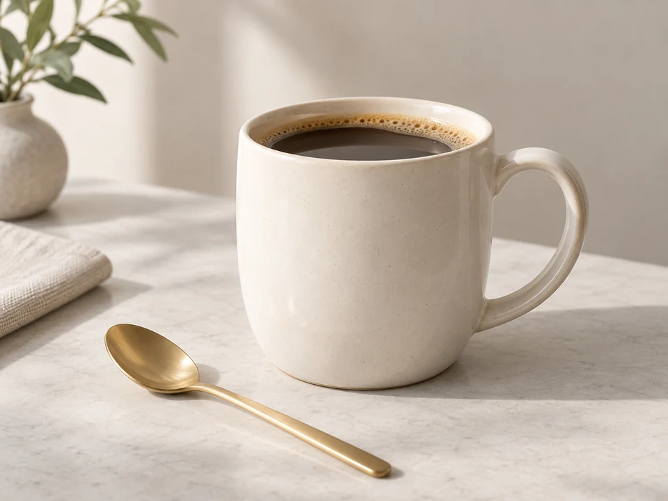 Drag to compare the noisy low resolution coffee mug photo and the clean high resolution version (after)