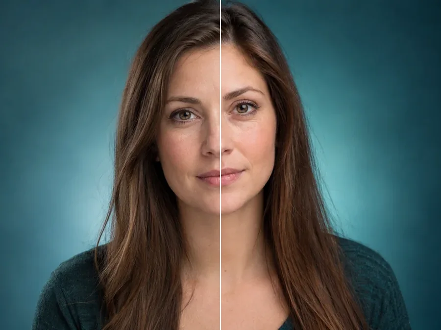 Woman’s face split in half, with a softer jawline on one side and a defined jawline on the other