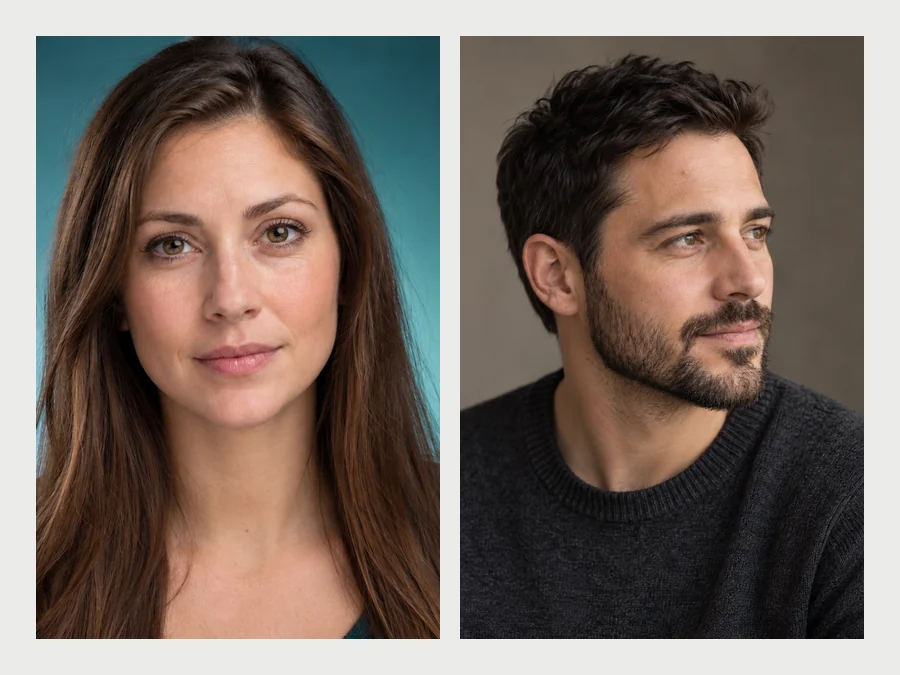 Portraits of a young woman and a bearded man, both suited to the AI jawline editor