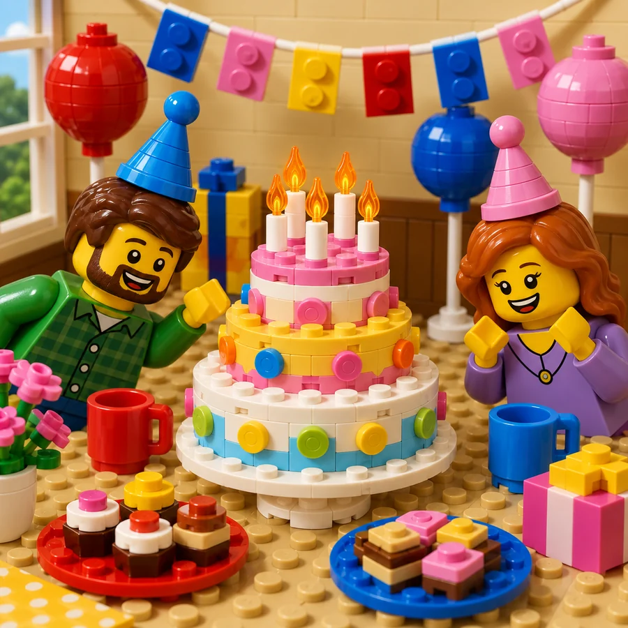 Two minifigures in party hats behind a brick-built birthday cake with balloons and bunting