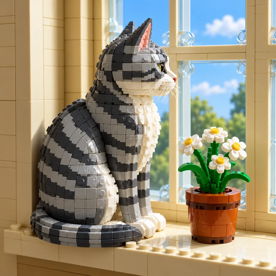 Gray tabby cat built from LEGO-style bricks sitting on a windowsill next to a potted flower