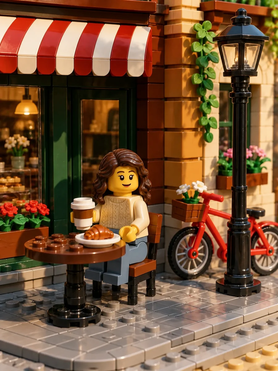 Minifigure sitting at a brick-built street cafe table with a coffee, croissant, and red bicycle