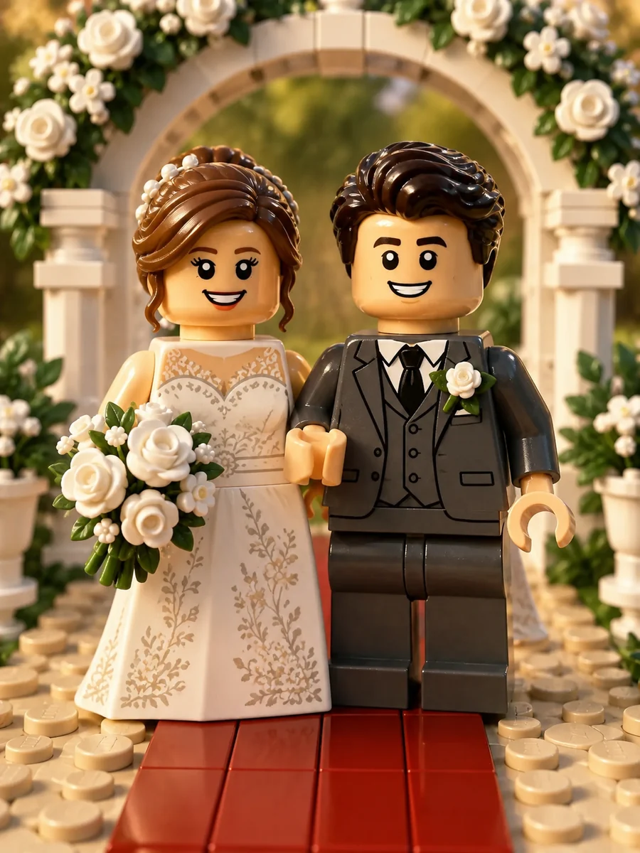 Bride and groom as LEGO-style minifigures under a flower arch built from bricks